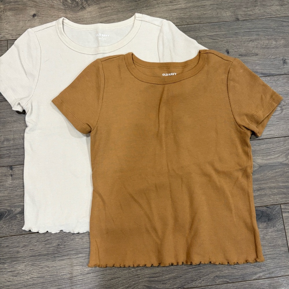 Old Navy Waffle Short Sleeve Tops in White and Brown